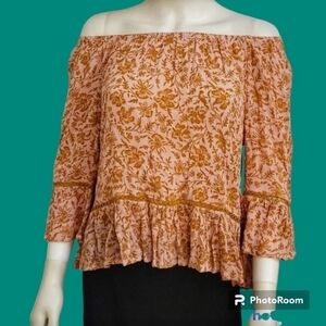𝅺DEMOCRACY Romantic Pink Camel Floral Cropped Off Shoulder Swing Blouse